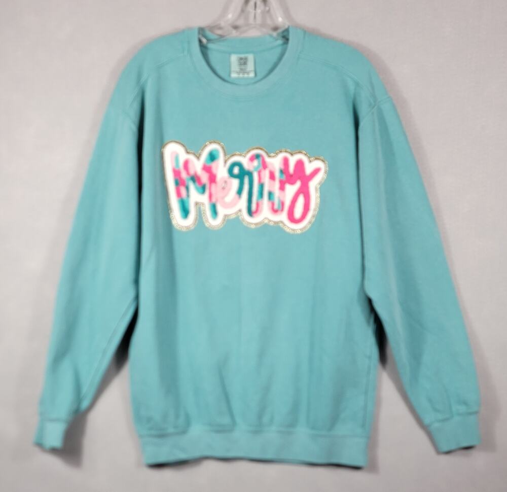 Comfort Colors Merry Chenille Patch Sweatshirt Aqua Turquoise Green Medium